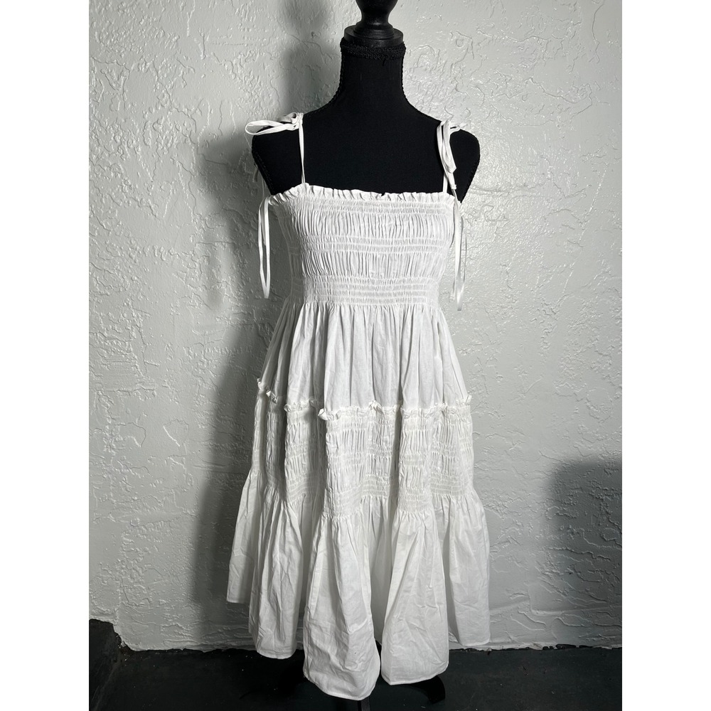 Pinch White Cotton Smocked Tiered Midi Dress Tie Strap Cottagecore Size L